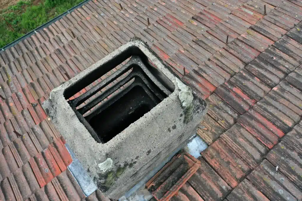 A very old chimney flashing on a clay tiled roof. 