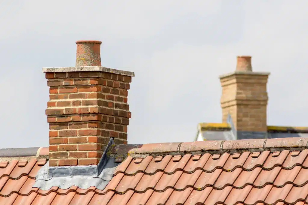 A chimney flashing for a clay tiled roof. 