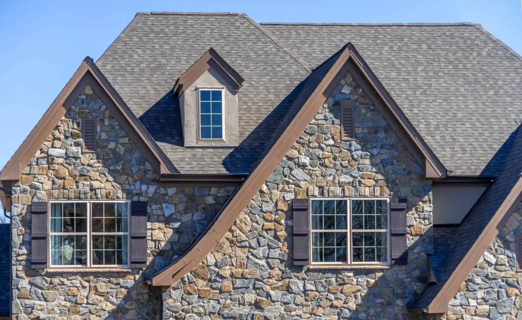 Pitched roof on a home that allows debris and weather elements to slide off of it. 